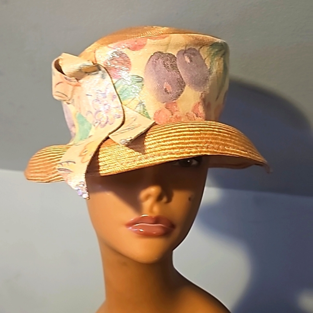 NWOT S'New Designer Couture High-Top Straw Hat, Wide Metallic Raw Silk Flower Ba